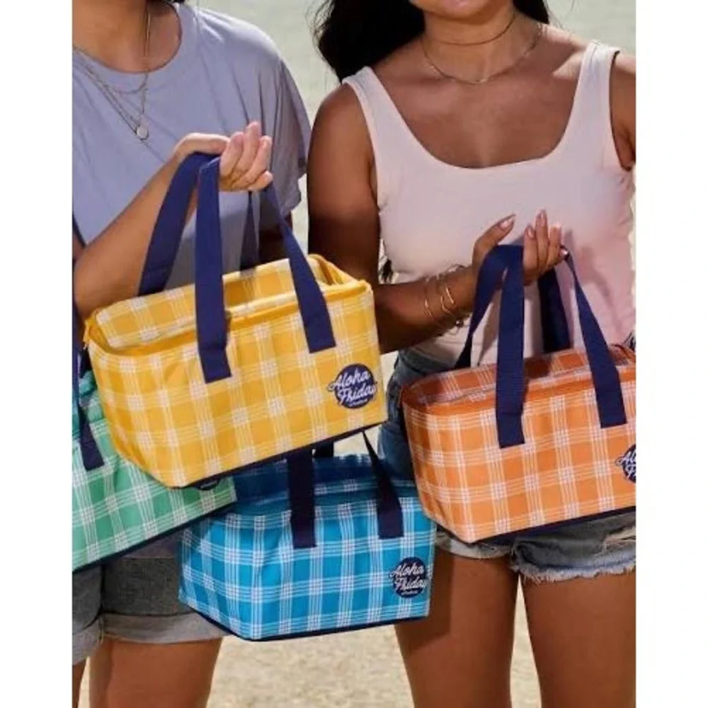 Aloha Friday at Foodland Blue Plaid Insulated Lunch Bag Cooler Tote NWT